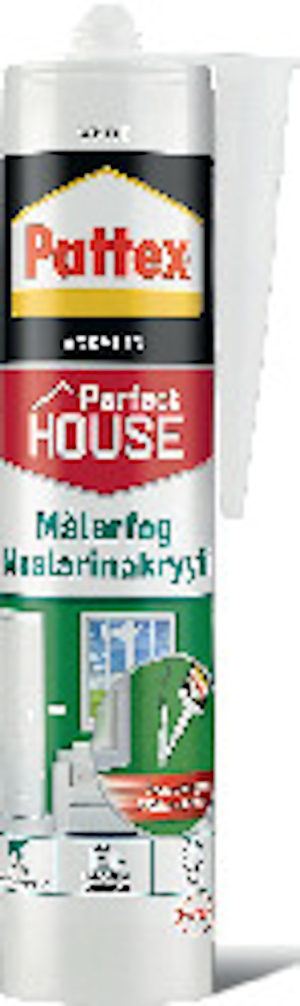 Pattex målarfog, vit tub med applikatorspets, etikett med text på flera språk, för inomhus- och utomhusbruk.