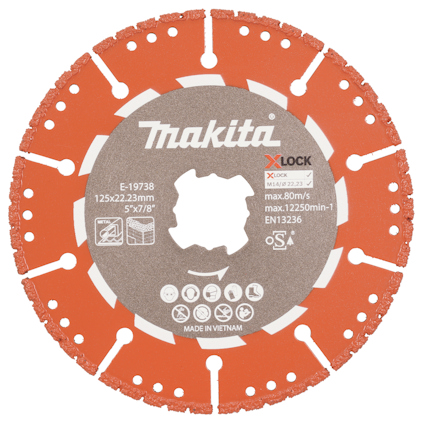 Röd Makita X-Lock diamantkapskiva med tandad kant och textdetaljer, inklusive diverse symboler och specifikationer.