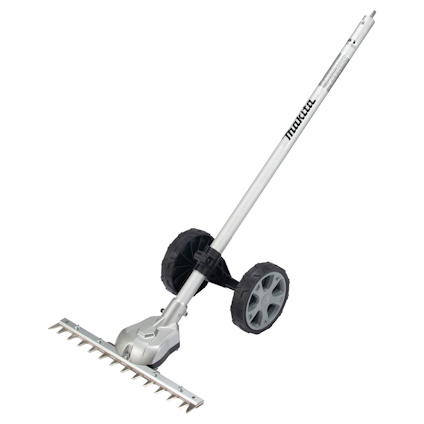 Vertikal gräsklippare med hjul och en metallstång med märkningen "Makita".