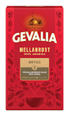 Rött paket med vit text "Gevalia Mellanrost Brygg" och "Välbalanserad smak och arom". Dekorerat med mönster och en symbol upptill.