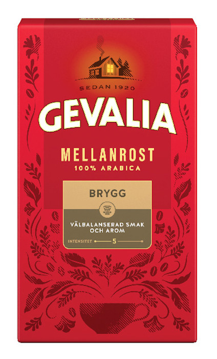Rött paket med vit text "Gevalia Mellanrost Brygg" och "Välbalanserad smak och arom". Dekorerat med mönster och en symbol upptill.