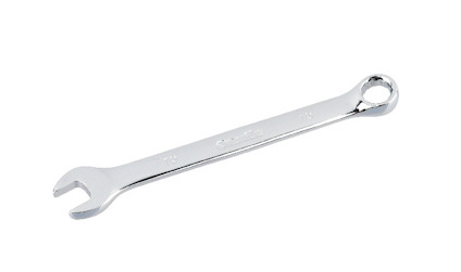 En U-ringnyckel med öppen och sluten ände, silverfärgad och av metall.