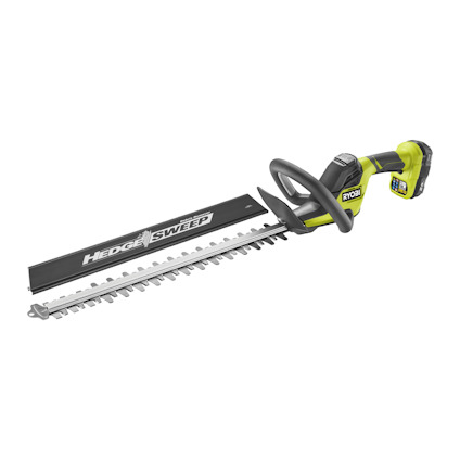 Grön och svart batteridriven häcksax med märkning "HEDGE SWEEP", svart handtag med grönt märke.