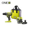 Ryobi ONE+ 18V borrmaskin med batterier och laddare samt en grön och svart väska.