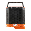 Svart och orange Bluetooth-högtalare med handtag, AEG-logotyp och kontrollknappar för ström, Bluetooth, volym upp och ner.