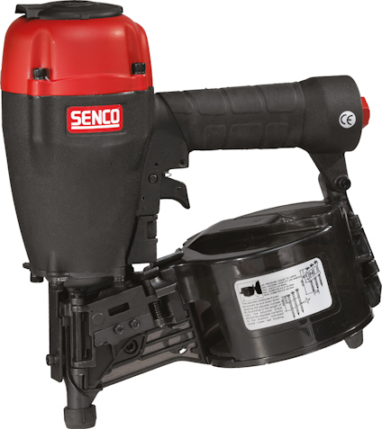 Spikpistol med svart och röd design, märkt Senco, med en rulle för spikar.