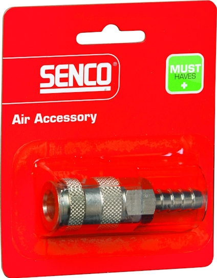 Förpackning med metallslangkoppling från Senco, placerad på ett rött kort med texten "Air Accessory".