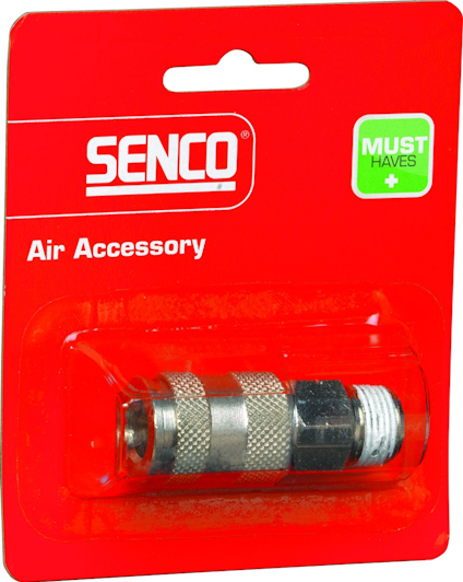 Förpackning med en metallkoppling märkt "Senco Air Accessory" och "Must Haves".