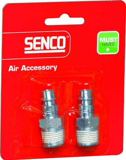Förpackning med två metalldelar märkta "SENCO Air Accessory" och "MUST HAVES" på röd bakgrund.