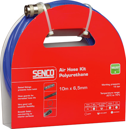 Röd och blå förpackning med texten "SENCO Air Hose Kit Polyurethane". Visar en blå slang och metallkoppling.