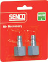 Förpackning med två metallnippelkopplingar på röd bakgrund med texten "SENCO Air Accessory".