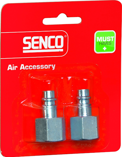 Förpackning med två metallnippelkopplingar på röd bakgrund med texten "SENCO Air Accessory".