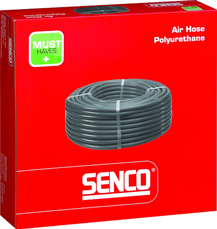 Röd kartong med grå luftslang av polyuretan från märket Senco. Text: "Air Hose Polyurethane" och "MUST HAVES".