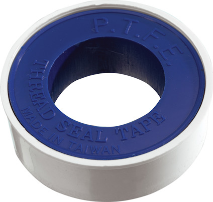 P.T.F.E. gängtejp, blå och vit, text: "THREAD SEAL TAPE, MADE IN TAIWAN".