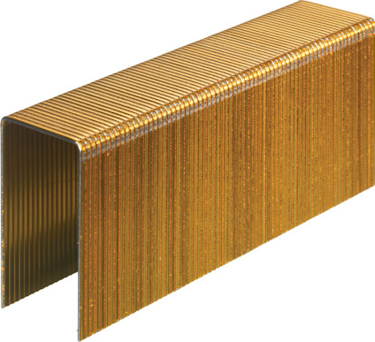 Klammer i metall med gyllene yta, staplade i ett block med U-form.