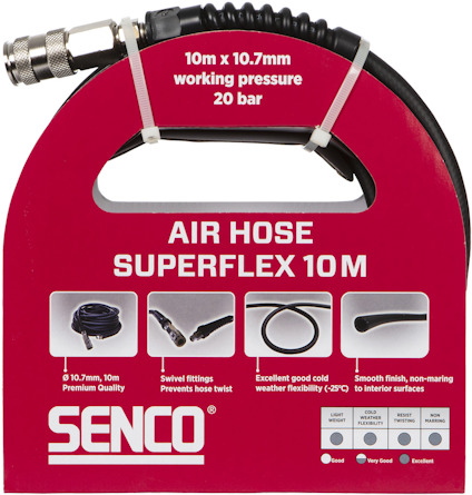 Röd förpackning för Senco Air Hose Superflex 10M med produktinformation och specifikationer.