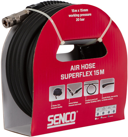 Röd förpackning med svart luftslang, text: "15m x 15mm, working pressure 20 bar, Air Hose Superflex 15M, Senco".