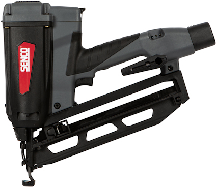 Dyckertpistol med grå och svart design, röd panel med "Senco"-logotyp, justerbar stång under.