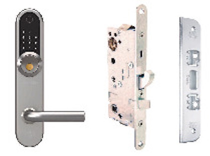 Elektroniskt dörrhandtag med sifferknappar, en metallisk låsmekanism och en metallplatta med hål för montering.