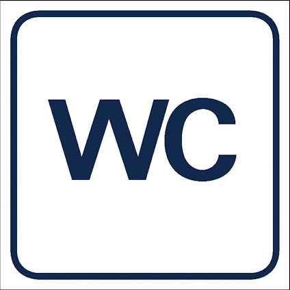 Vitt kvadratisk skylt med blå texten "WC" i mitten, omgiven av blå ram.