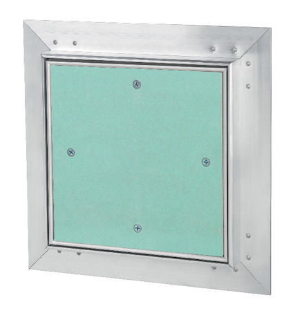 Grön fyrkantig inspektionslucka med silverfärgad ram och skruvar i hörnen.