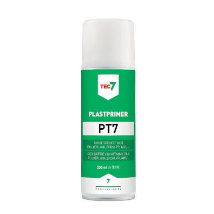 Sprayflaska med grön etikett och texten "PLASTPRIMER PT7".