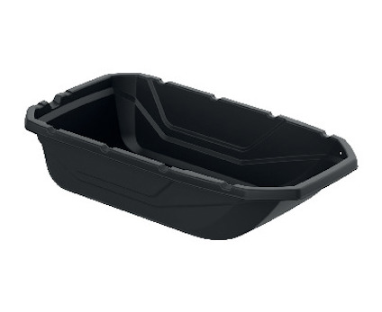 Svart plastpulka med rektangulär form och upphöjda kanter.