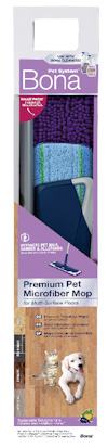 Förpackning med texten "Premium Pet Microfiber Mop for Multi-Surface Floor." Innehåller mopp och rengöringsmedel.
