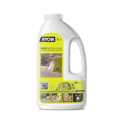 Vit flaska med RYOBI ONE+ Swift Clean Solution etikett. Innehåller text och bilder av städverktyg. Rymmer 1 liter.