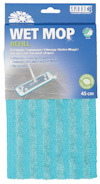 Turkos mikrofiber våtmopp-refill med etikett som visar texten "WET MOP REFILL" och information om användningsområden.