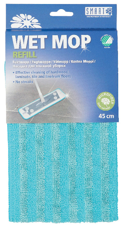 Turkos mikrofiber våtmopp-refill med etikett som visar texten "WET MOP REFILL" och information om användningsområden.