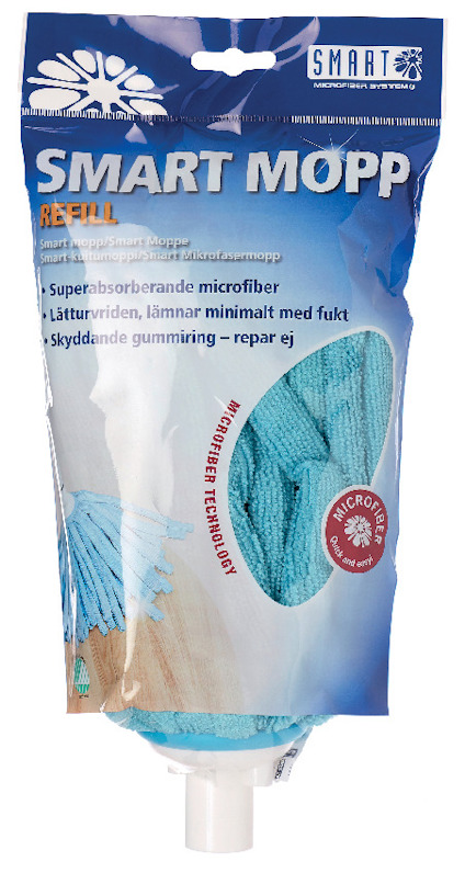 Förpackning för "Smart Mopp Refill" i blå och vit design med text och en bild av en blå mikrofibermopp.