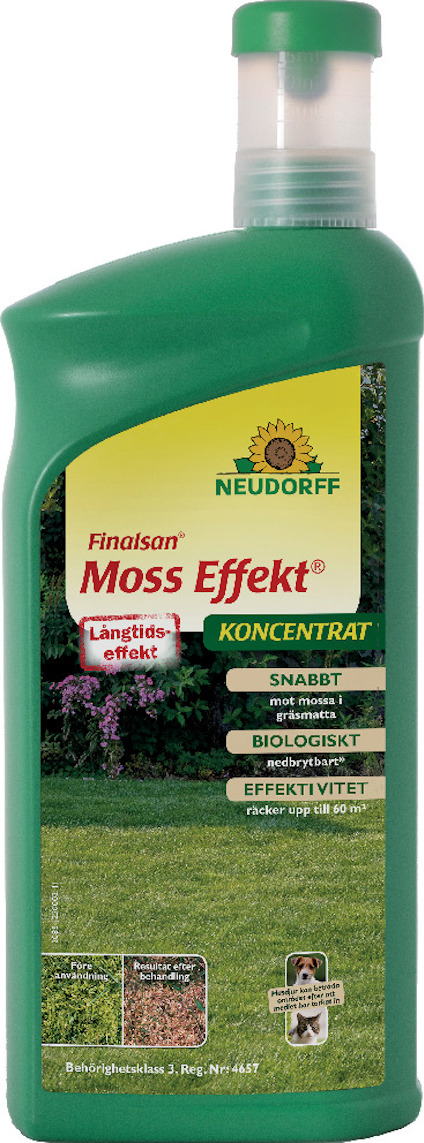 Grön flaska med etiketten "Finalsan Moss Effekt Koncentrat". Text om snabb, biologisk effekt.
