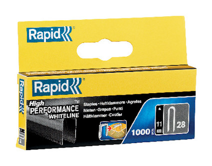 Förpackning med Rapid häftklammer i gul och blå design, text "High Performance Whiteline", kapacitet 1000 st.