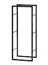 Svart, hög rektangulär vedställning i metall med ett minimalistiskt ramverk.