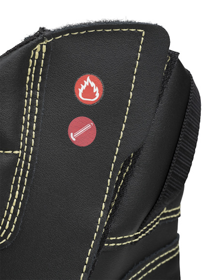 Svart skyddsmaterial med vita sömmar och röda symboler för eld och kniv.