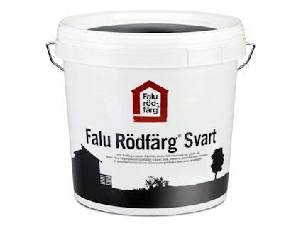 Vit plasthink med texten "Falu Rödfärg Svart" och en bild av en silhuett av ett hus och träd.