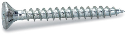 Träskruv med försänkt huvud och vassa gängor, metalliskt utseende.