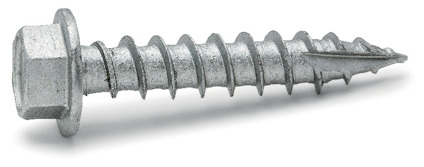 Metallisk träskruv med sexkantshuvud och gängad kropp, liggande horisontellt på ljus bakgrund.