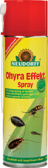 Sprayburk med röd och gul etikett märkt "Neudorff Ohyra Effekt Spray" och illustrationer av insekter.