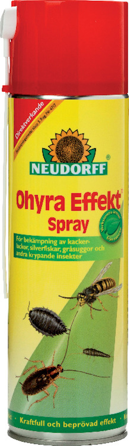Sprayburk med röd och gul etikett märkt "Neudorff Ohyra Effekt Spray" och illustrationer av insekter.