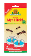 Förpackning med Neudorff Myr Effekt, visar illustration av myror och två myrdosor med lockbete.