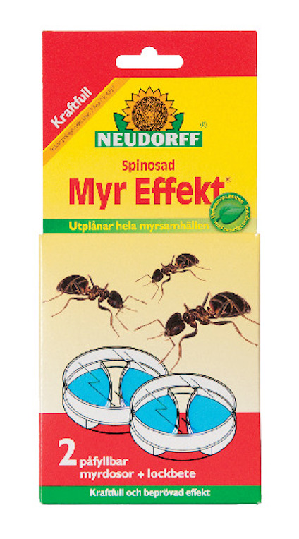 Förpackning med Neudorff Myr Effekt, visar illustration av myror och två myrdosor med lockbete.
