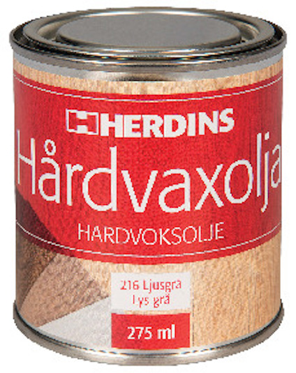 Burk med Hårdvaxolja, etikett med text: "Herdins Hårdvaxolja 216 Ljusgrå 275 ml".