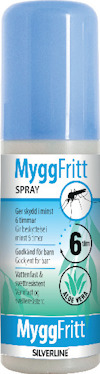 Vit flaska med blått lock, etikett med texten "MyggFritt Spray", illustration av en mygga, och hänvisning till aloe vera.