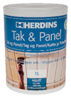 Burk med Herdins Tak & Panel vitfärg, 1 liter, med en bild på en man som målar ett tak. Text på flera språk.