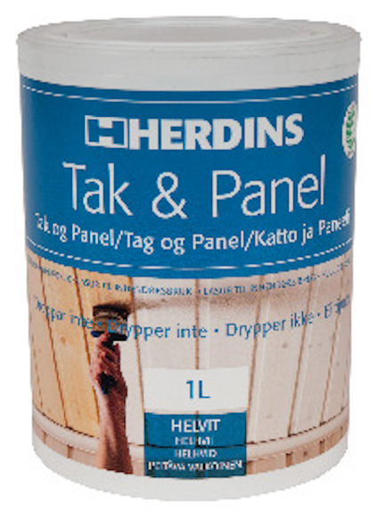 Burk med Herdins Tak & Panel vitfärg, 1 liter, med en bild på en man som målar ett tak. Text på flera språk.