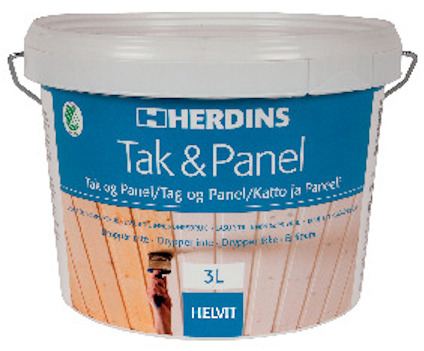 Hink med vit färg märkt "HERDINS Tak & Panel" och text på flera språk.