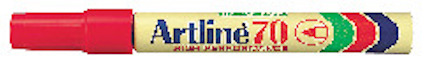Röd märkpenna Artline 70 med avtagbart lock, beige kropp och flerfärgad text och grafik längs sidan.