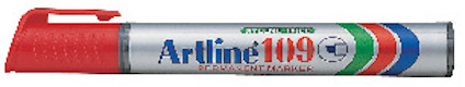 Röd märkpenna med texten "Artline 109" och "PERMANENT MARKER".